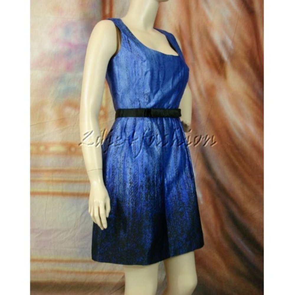 $2005 New ANDREW GN Black Blue Art Print Bow Silk A Line Flared Dress 8
